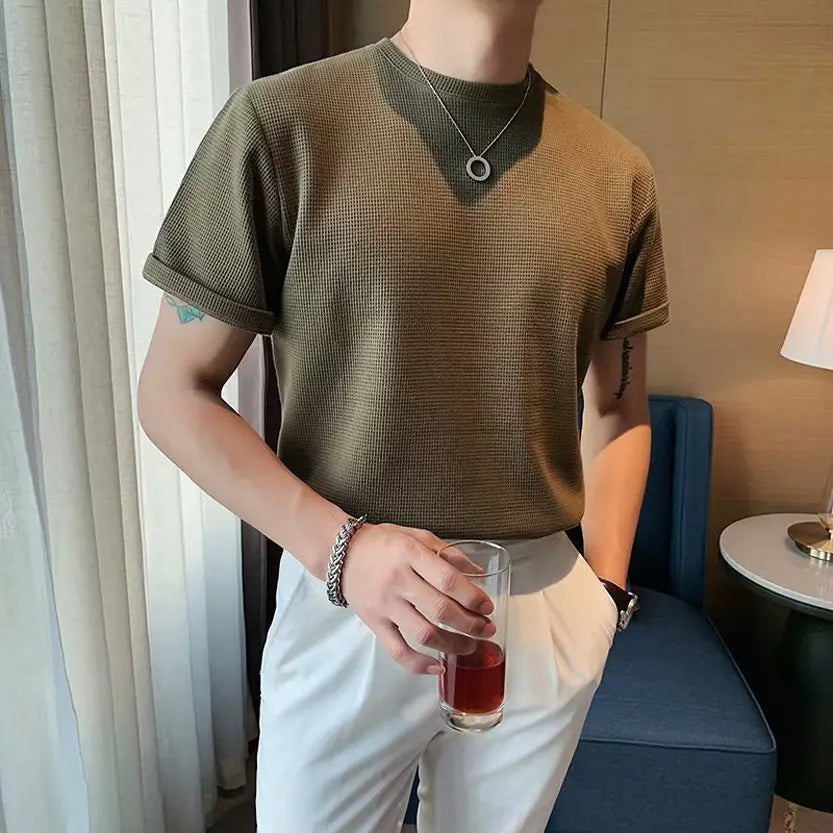Men's Loose Wafflet T-Shirt Olive Green Summer Top