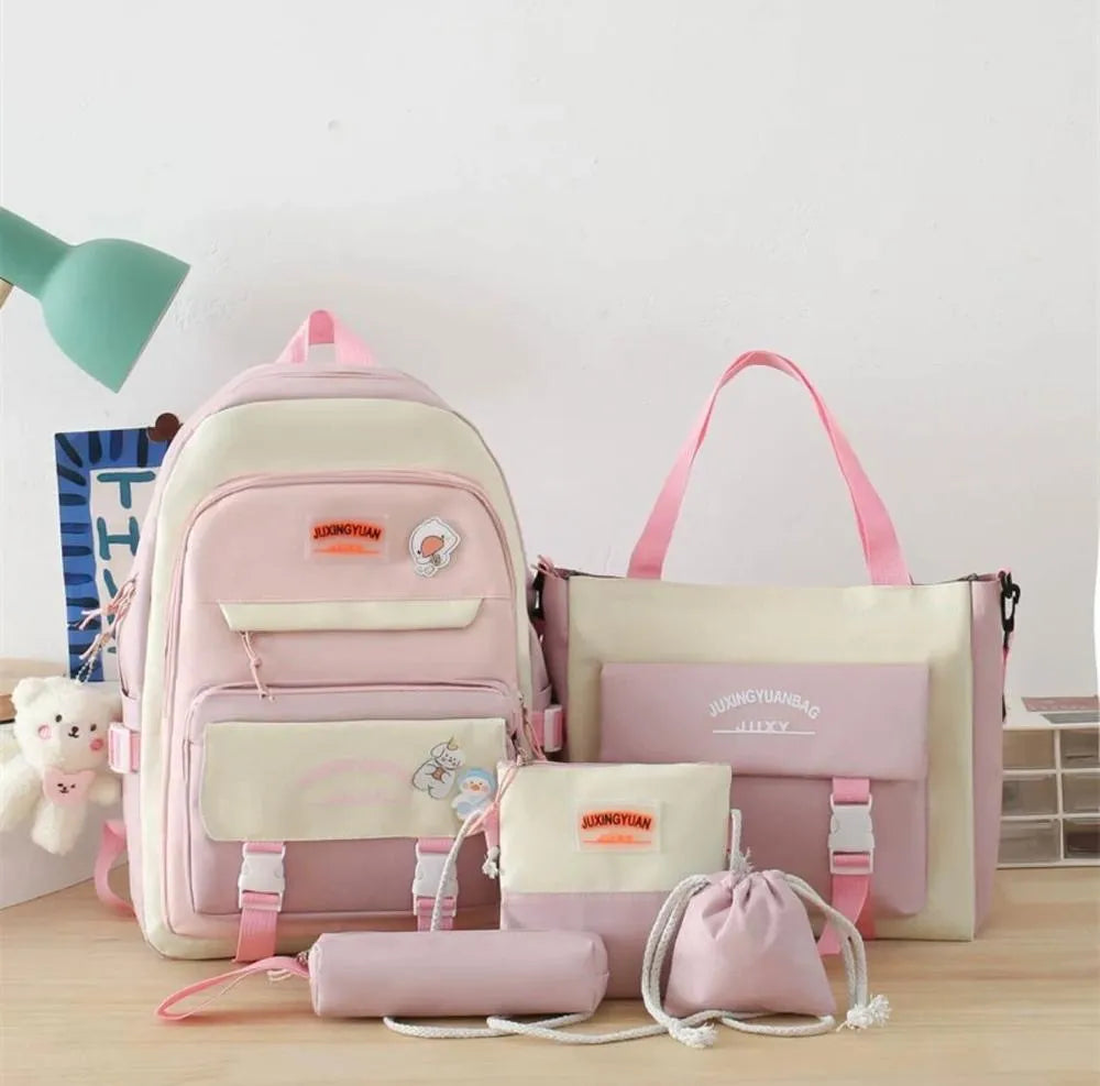 5-piece Nylon Travel Backpack Set For Students