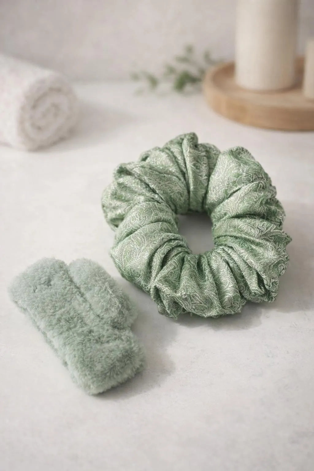 Green Silk Hair Scrunchie & Catcher Set For Daily Use