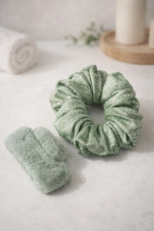Green Silk Hair Scrunchie & Catcher Set For Daily Use