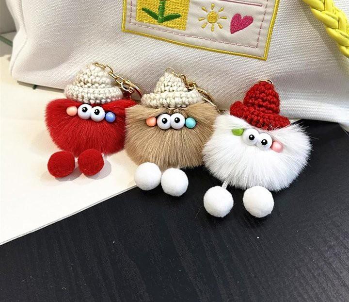 Hand-knitted Furry Keychain With Orange Pom Pom