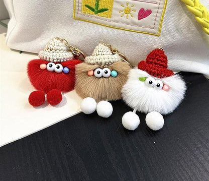 Hand-knitted Furry Keychain With Orange Pom Pom