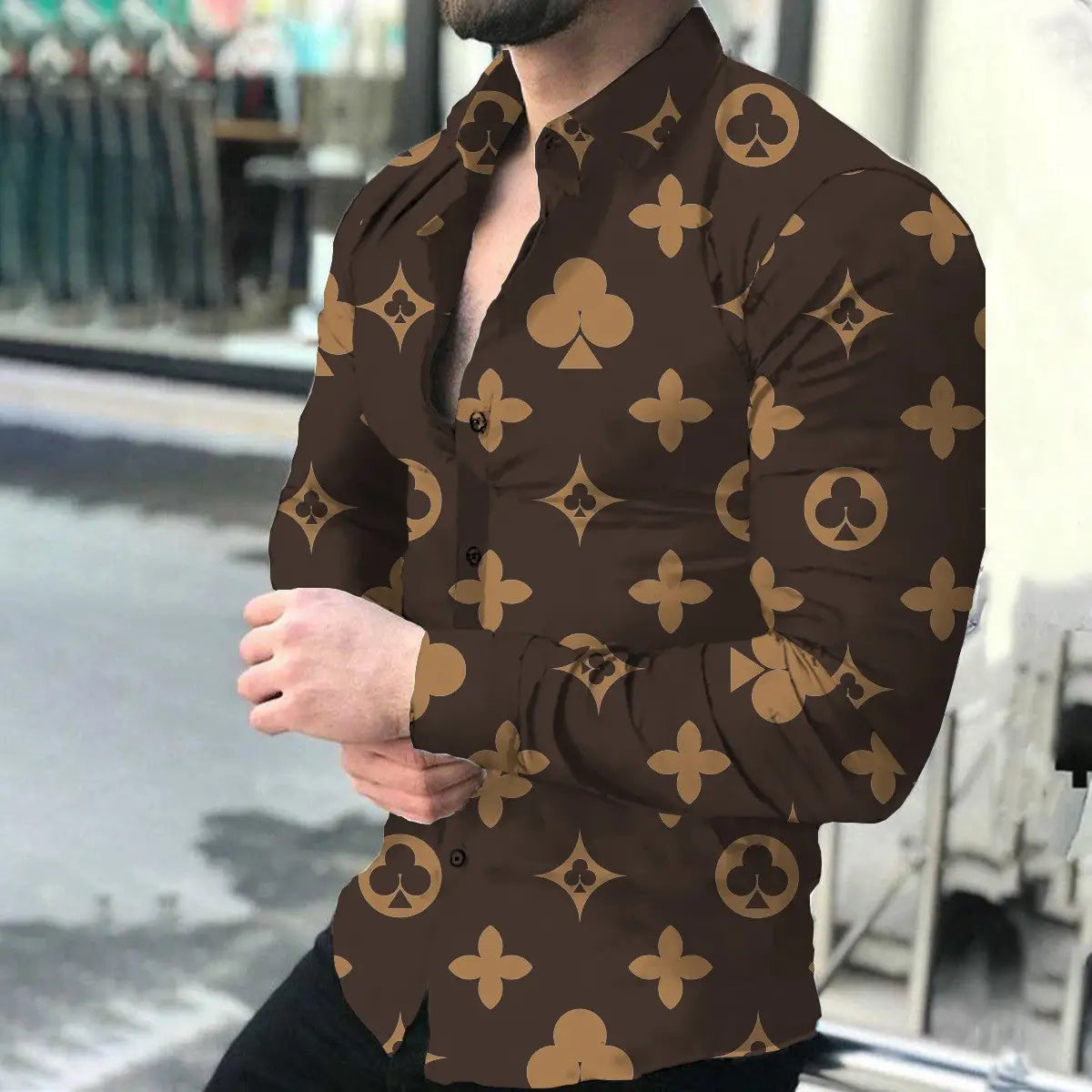 European Station Men's Printed Long Sleeve Shirt Tan