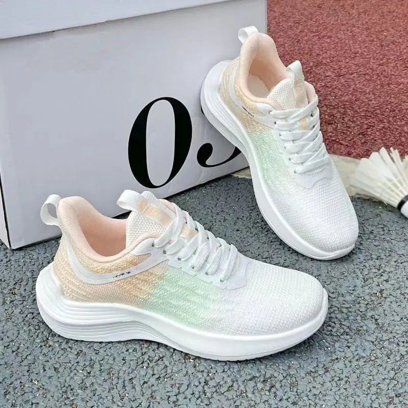 Women's Breathable Running Shoes – White Gradient Lace-Up Thick Sole