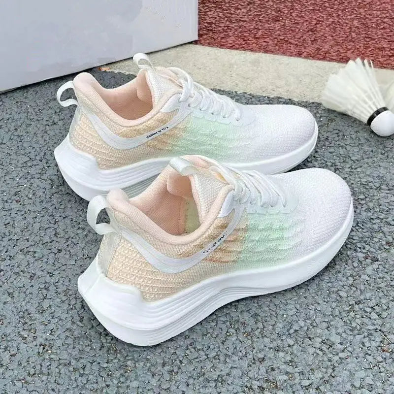 Women's Breathable Running Shoes – White Gradient Lace-Up Thick Sole