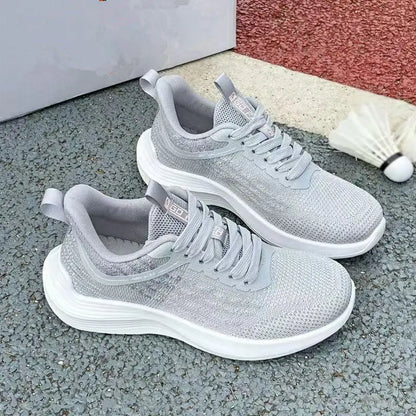 Women's Breathable Running Shoes – White Gradient Lace-Up Thick Sole