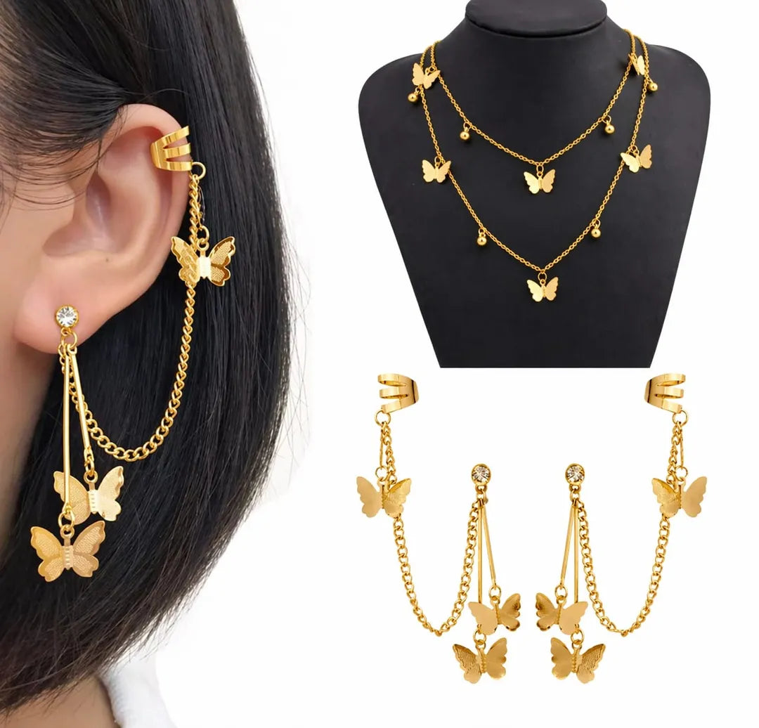 Elegant Gold-Plated Butterfly Ear Cuff & Chain Set