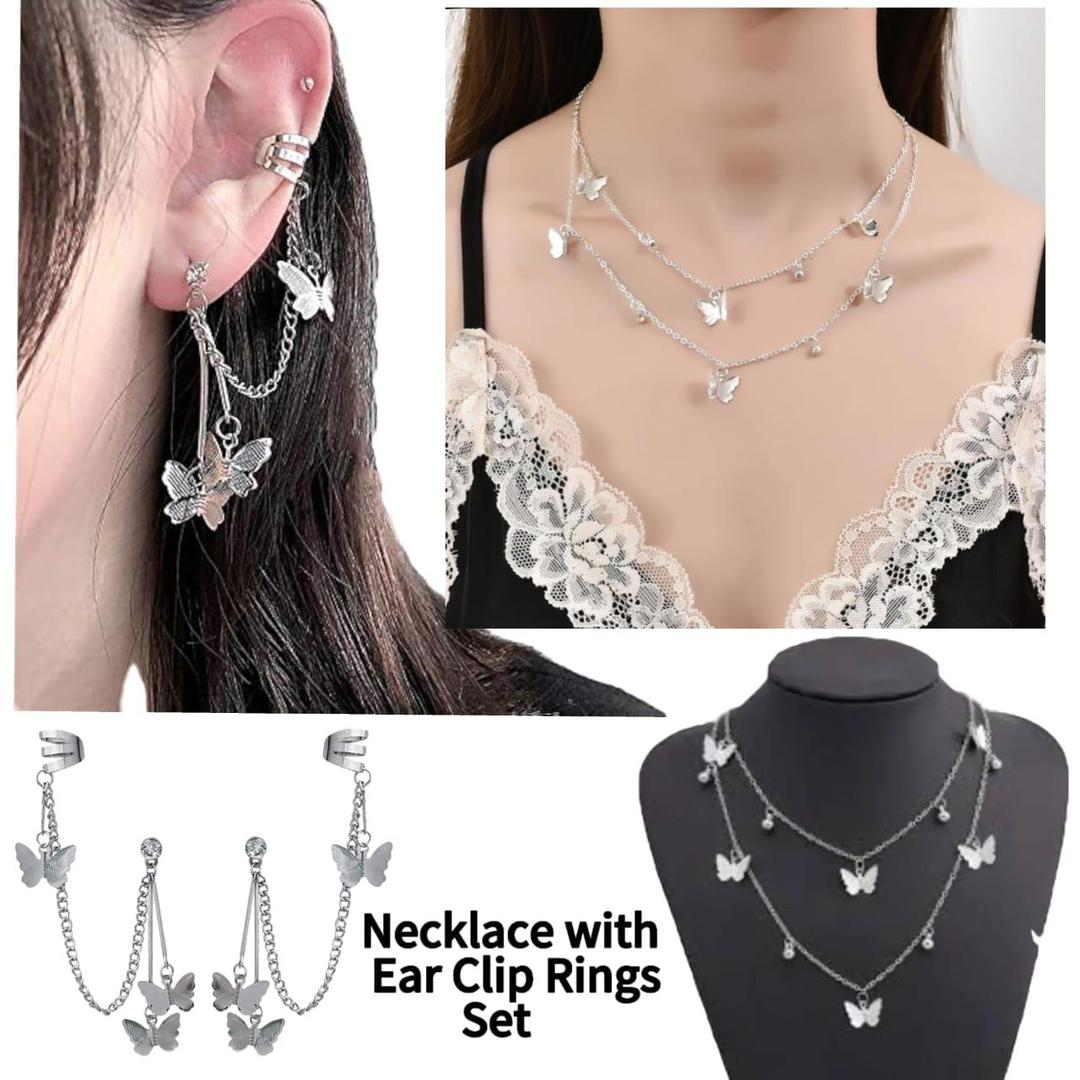 Elegant Silver-Tone Butterfly Necklace & Ear Cuff Set