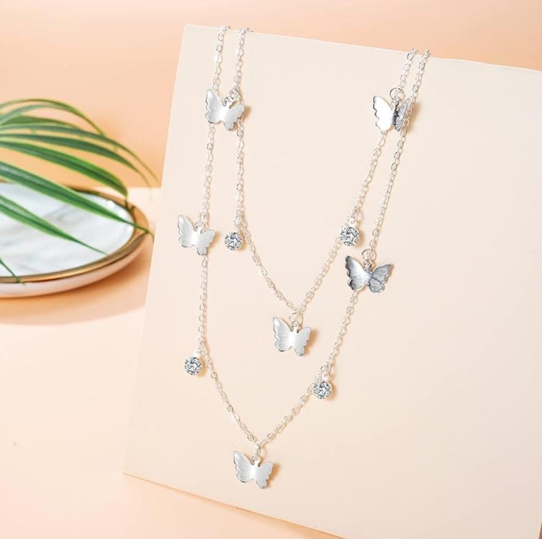Elegant Silver-Tone Butterfly Necklace & Ear Cuff Set
