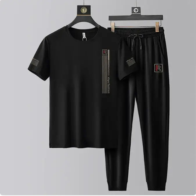 Men’s Ice Silk Casual T-Shirt & Trouser Set