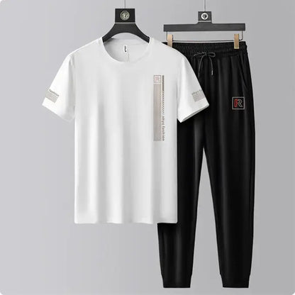Men’s Ice Silk Casual T-Shirt & Trouser Set