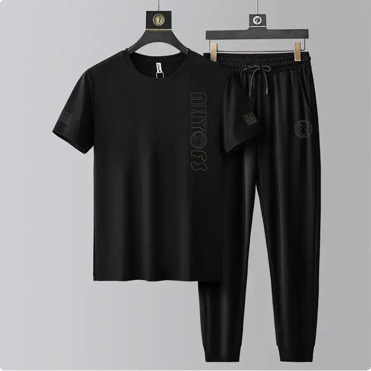 Men’s Ice Silk Casual T-Shirt & Trouser Set