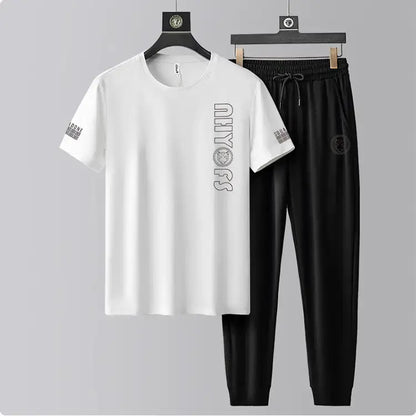 Men’s Ice Silk Casual T-Shirt & Trouser Set