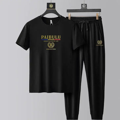 Men’s Ice Silk Casual T-Shirt & Trouser Set