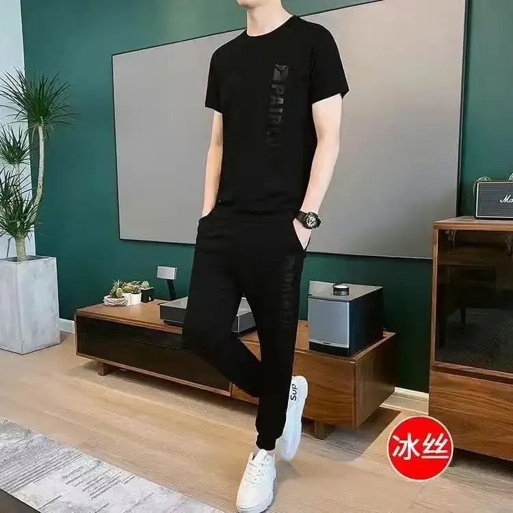 Men’s Ice Silk Casual T-Shirt & Trouser Set