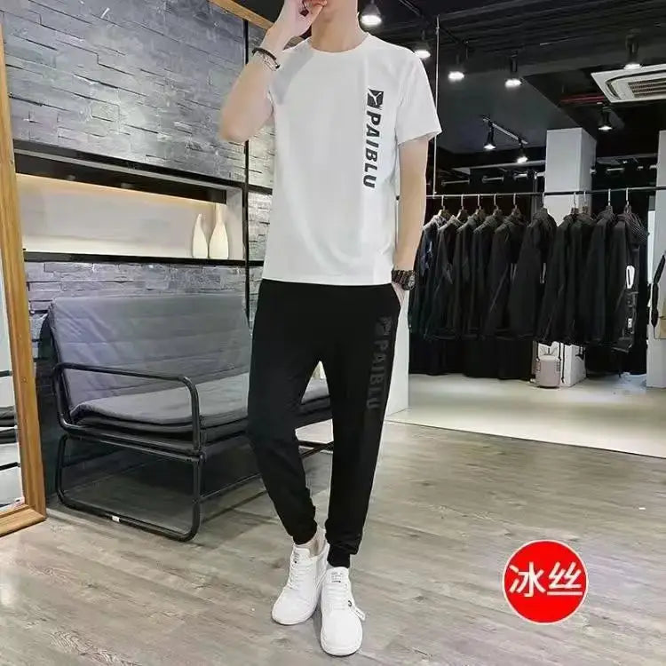 Men’s Ice Silk Casual T-Shirt & Trouser Set
