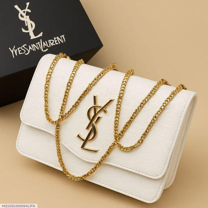 White YSL Logo Crossbody Bag With Gold Chain Strap