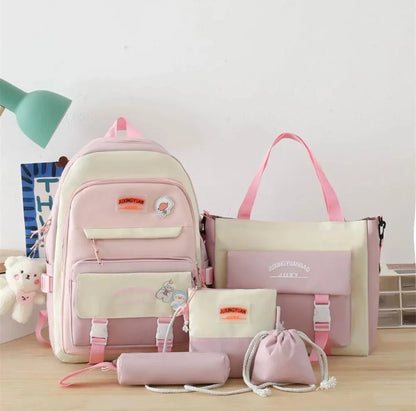 5-piece Nylon Travel Backpack Set For Students