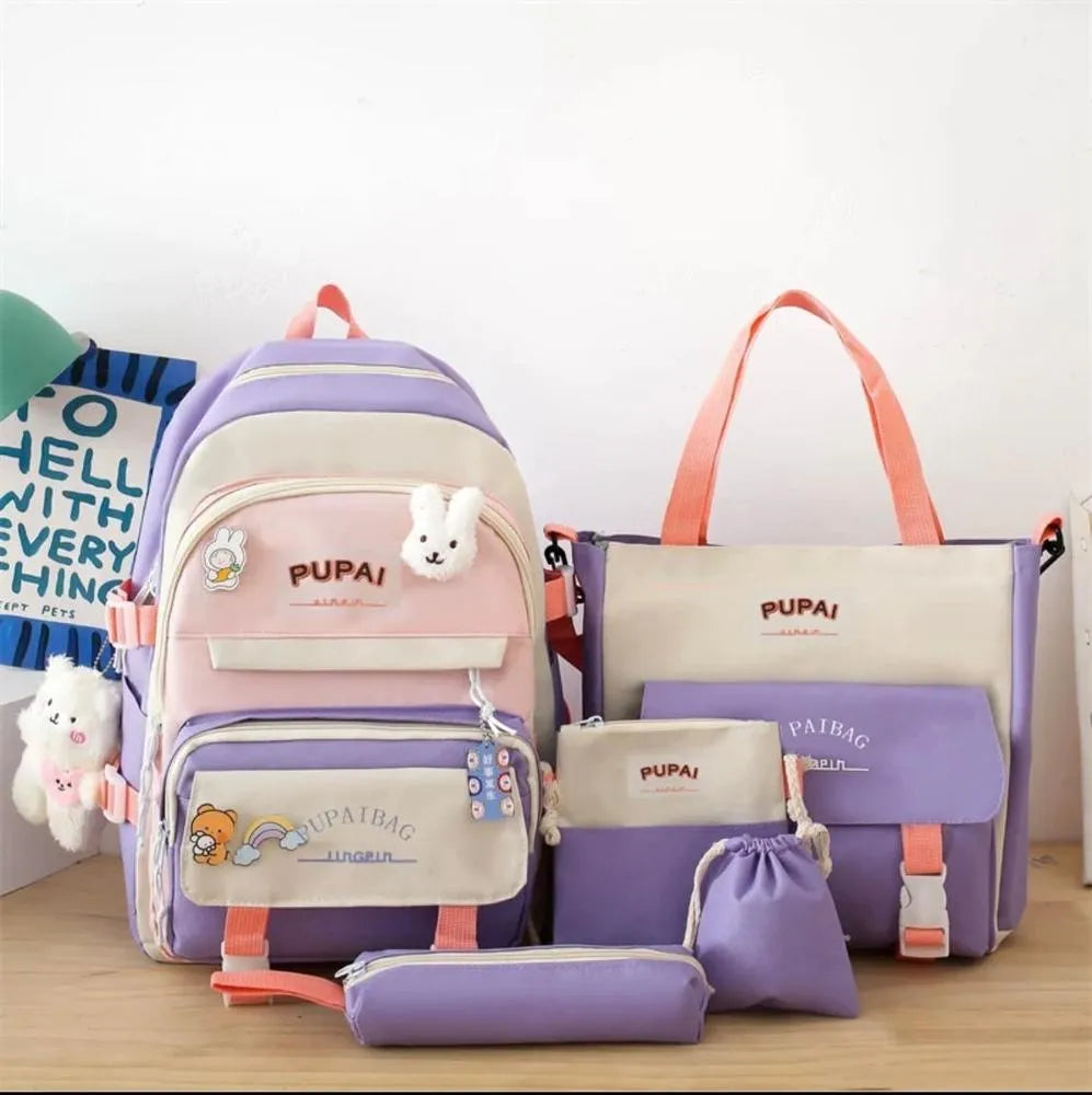 5-piece Nylon Travel Backpack Set For Students
