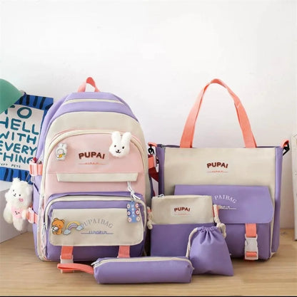 5-piece Nylon Travel Backpack Set For Students