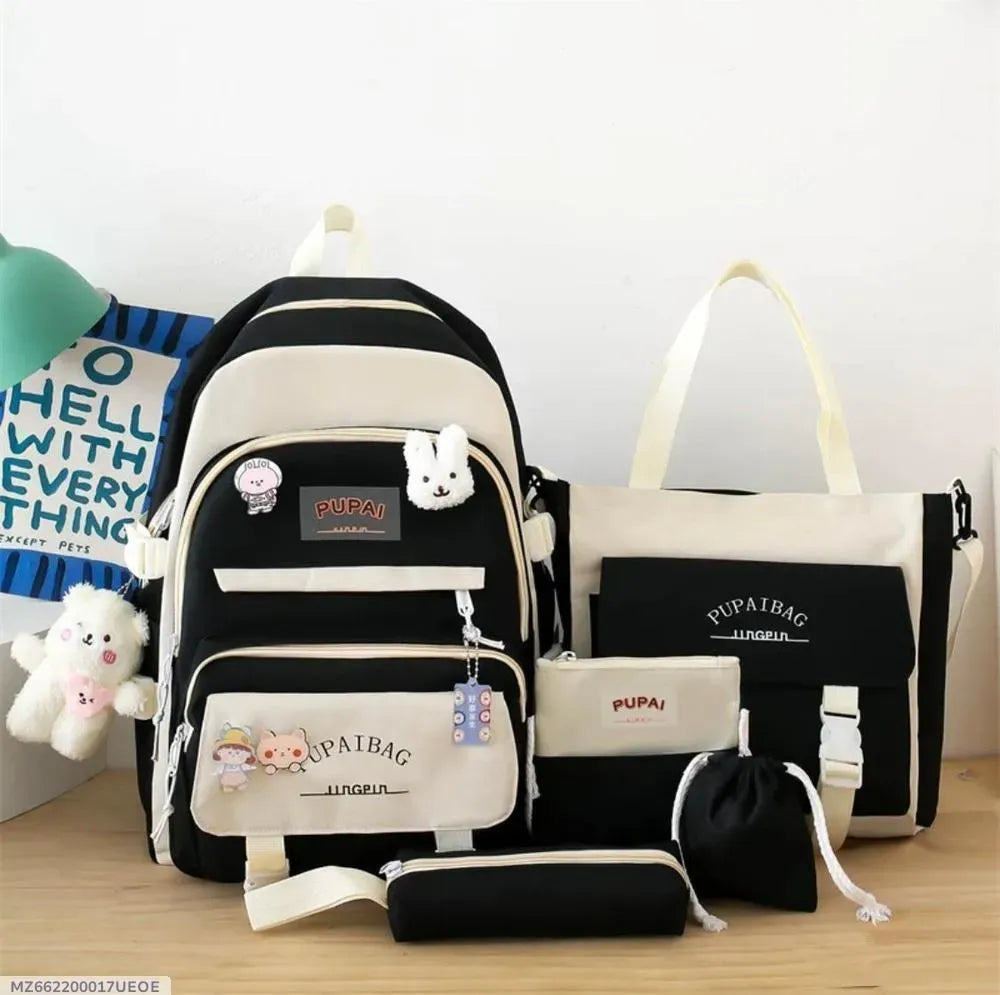 5-piece Nylon Travel Backpack Set For Students