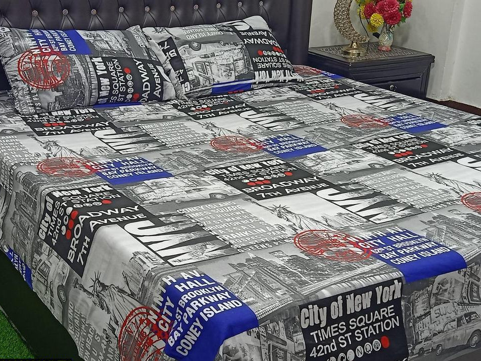 New York City Cotton Printed Double Bedsheet Set With 2x Pillow Coves