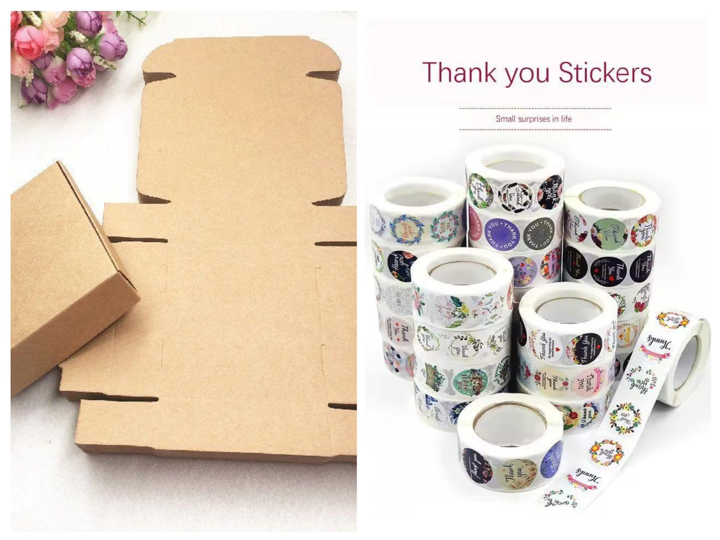 Pack Of 30 Small Kraft Boxes & Thank You Stickers Labels Stamps Round Cartoon