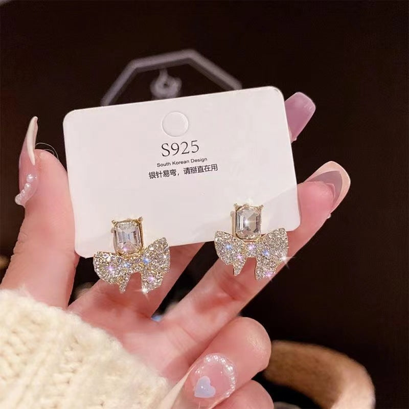 Sparkling Bow Shape Zircon Korean Earrings – Elegant Fashion Jewellery, Stylish Accessory for Women
