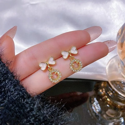 Smiley Face Zircon Korean Earrings – Elegant Bow &amp; Crystal Circle Design - Available In Goden And Silver Color