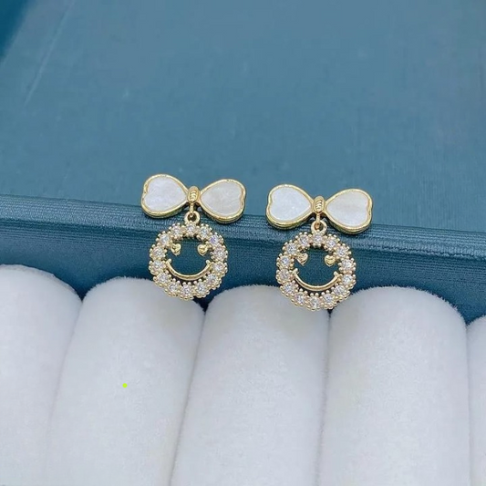 Smiley Face Zircon Korean Earrings – Elegant Bow &amp; Crystal Circle Design - Available In Goden And Silver Color