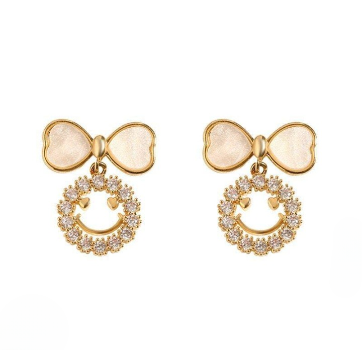 Smiley Face Zircon Korean Earrings – Elegant Bow &amp; Crystal Circle Design - Available In Goden And Silver Color