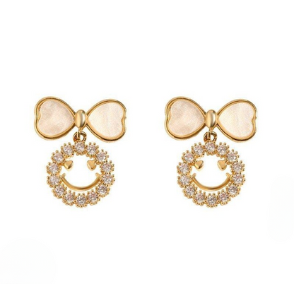 Smiley Face Zircon Korean Earrings – Elegant Bow &amp; Crystal Circle Design - Available In Goden And Silver Color
