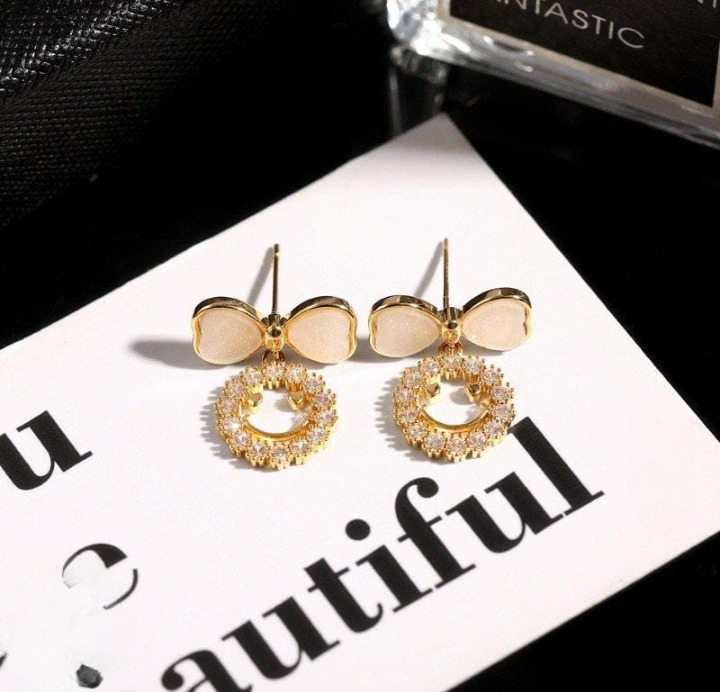 Smiley Face Zircon Korean Earrings – Elegant Bow &amp; Crystal Circle Design - Available In Goden And Silver Color