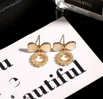 Smiley Face Zircon Korean Earrings – Elegant Bow &amp; Crystal Circle Design - Available In Goden And Silver Color