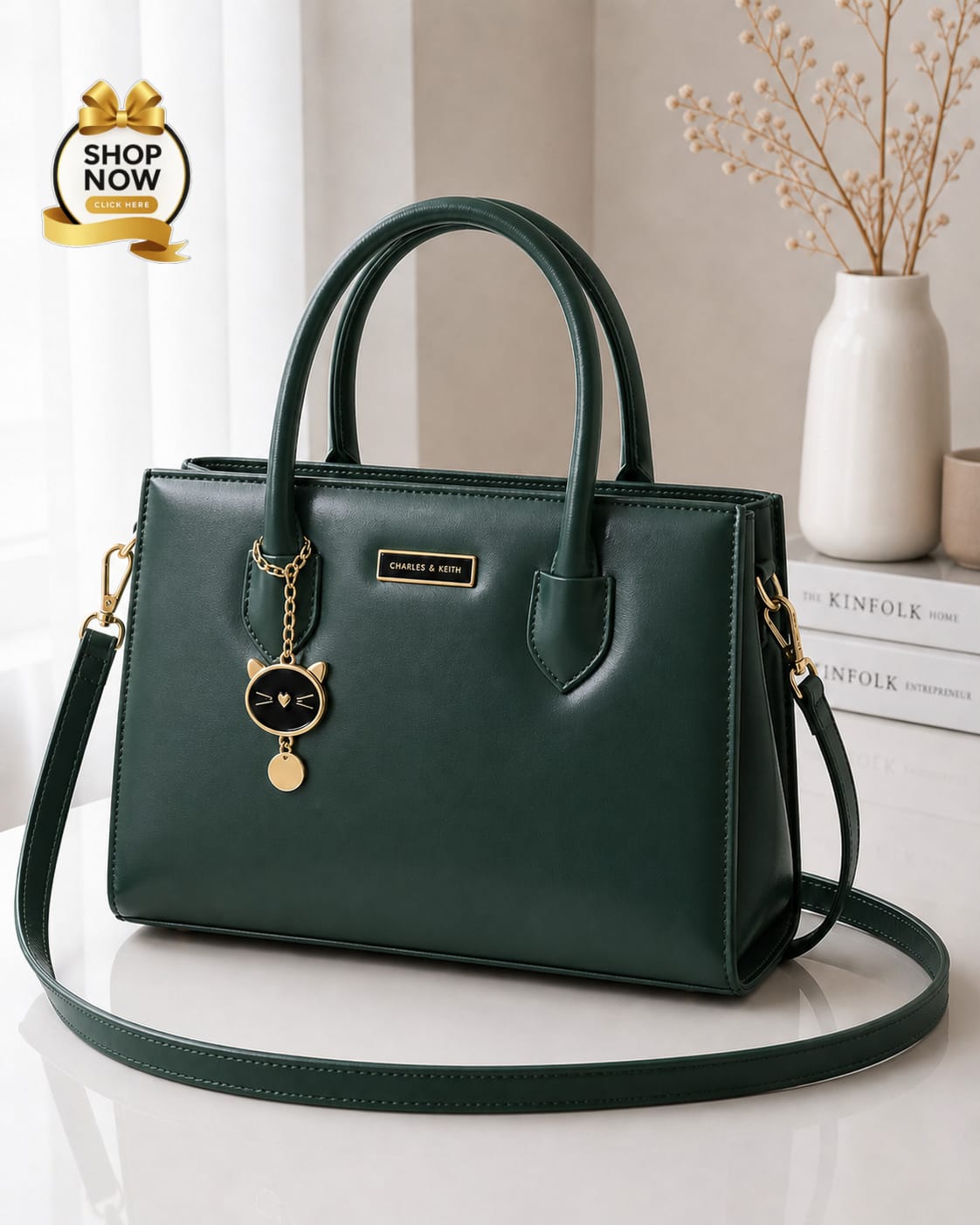 Charles And Keith 2 Zipper Bag Leatherette Handbag With Small Cat Charm