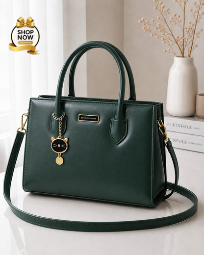 Charles And Keith 2 Zipper Bag Leatherette Handbag With Small Cat Charm