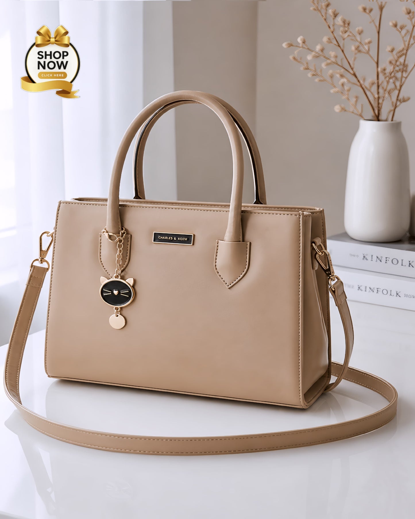 Charles And Keith 2 Zipper Bag Leatherette Handbag With Small Cat Charm