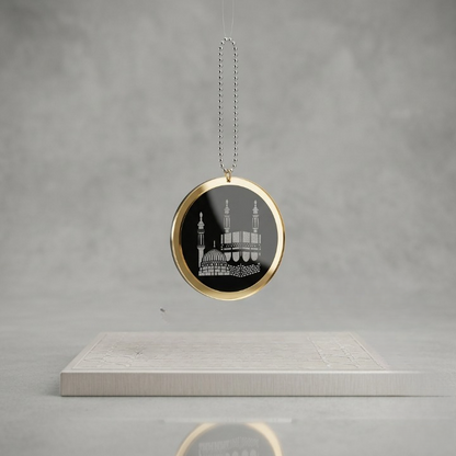 Acrylic Mirror Dua-e-Safar Car Hanging with Khana Kaaba & Madina Design – Elegant Islamic Rear View Mirror Decor | Size : 10 cm