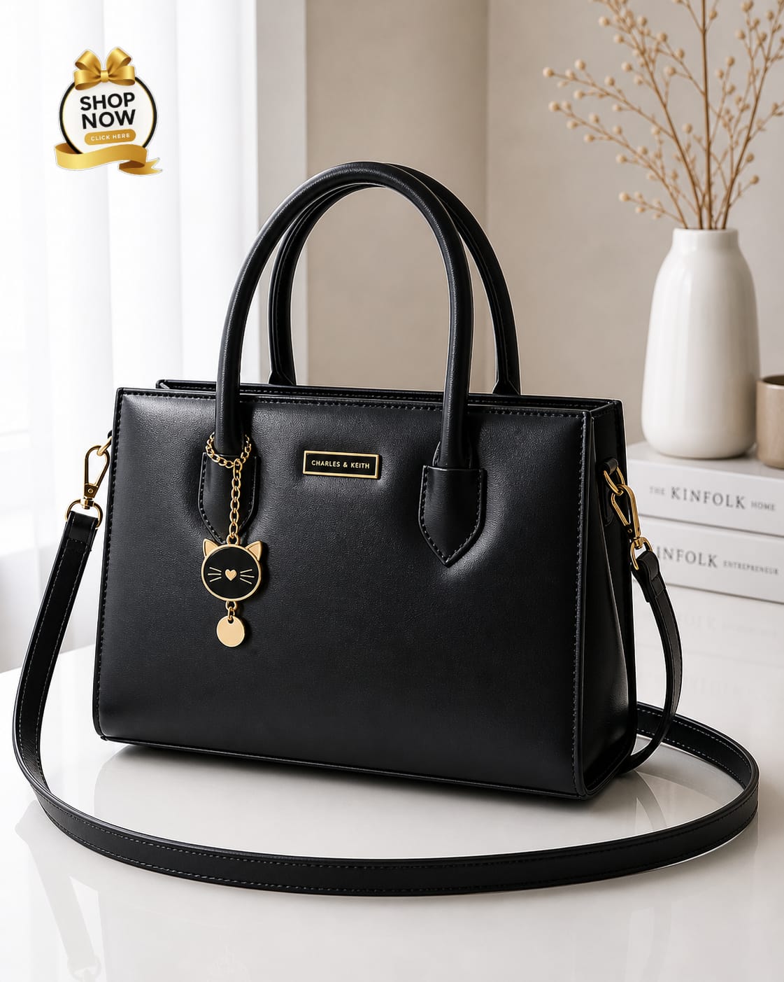 Charles And Keith 2 Zipper Bag Leatherette Handbag With Small Cat Charm