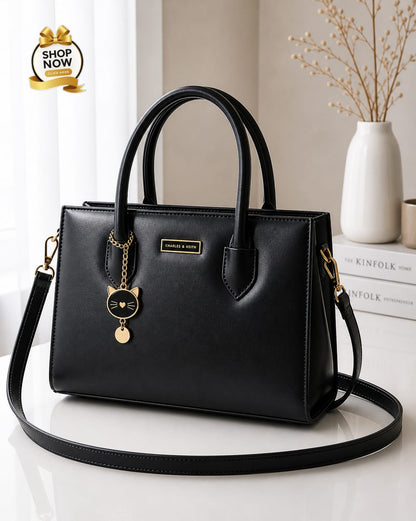 Charles And Keith 2 Zipper Bag Leatherette Handbag With Small Cat Charm