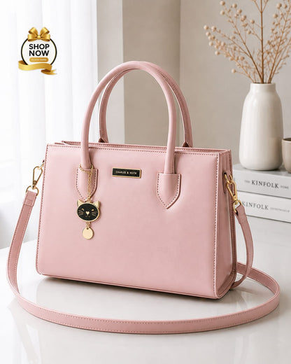 Charles And Keith 2 Zipper Bag Leatherette Handbag With Small Cat Charm