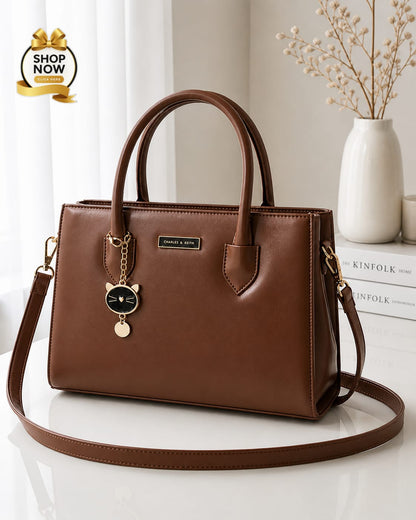Charles And Keith 2 Zipper Bag Leatherette Handbag With Small Cat Charm