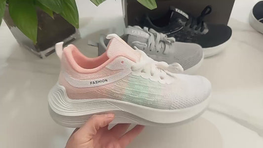 Women's Breathable Running Shoes – White Gradient Lace-Up Thick Sole